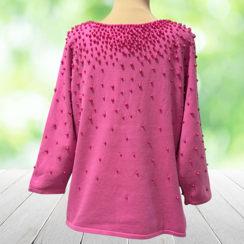 Vintage 90s Pearl Beaded Cardigan Sweater Coquette Glam Pink Hong Kong Size L - Picture 3 of 11